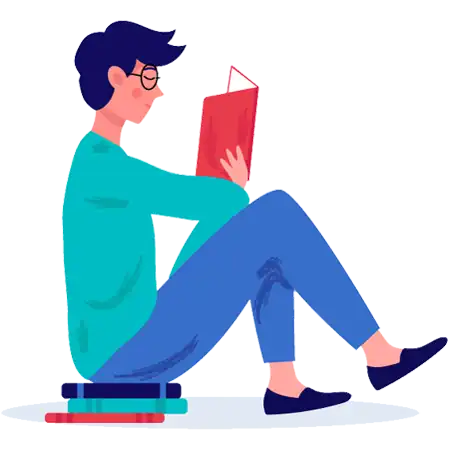 male reading books sitting on books